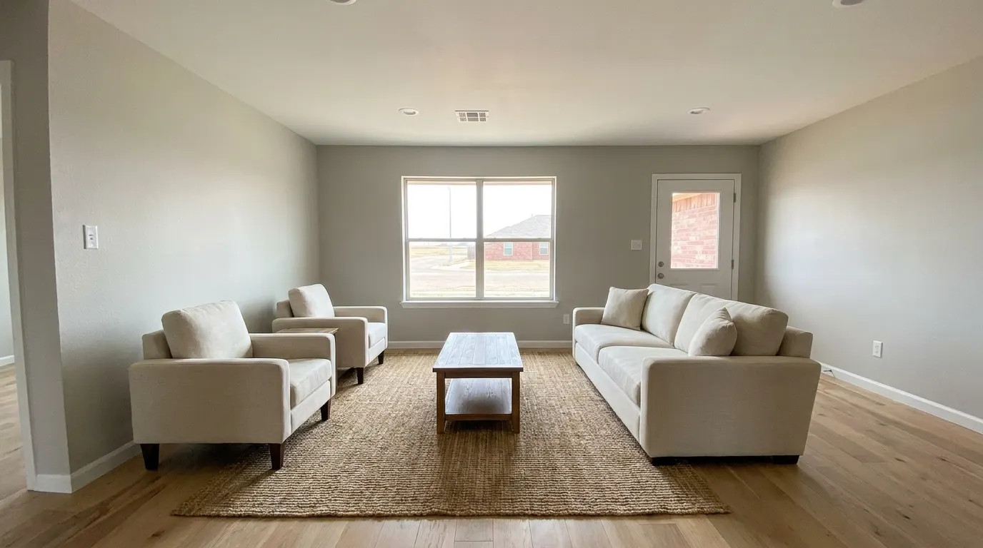 Same living room fully rebuilt and restored after fire damage