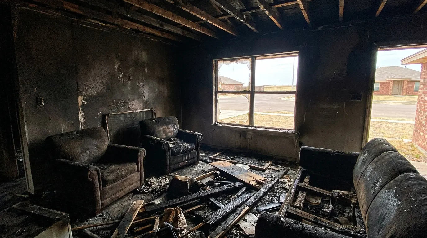 Living room with severe fire damage and charred walls before restoration