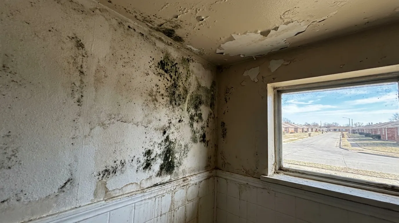 Bathroom wall with spreading mold before remediation