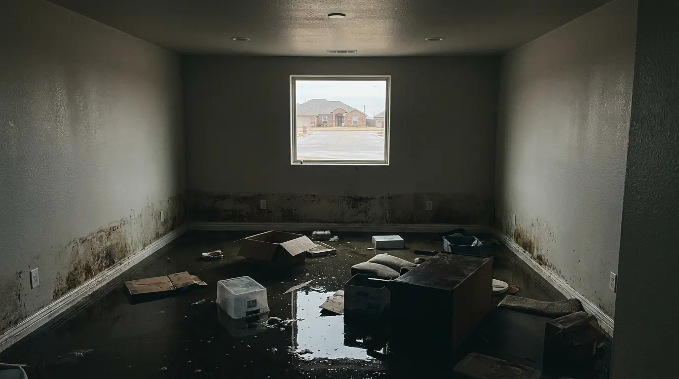 Basement flooded wall to wall by a sewage backup before cleanup