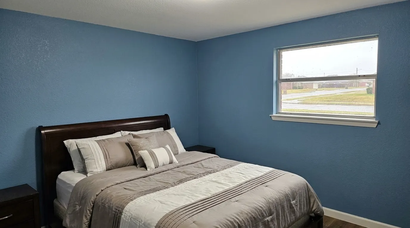 Same bedroom with rebuilt ceiling after storm damage restoration