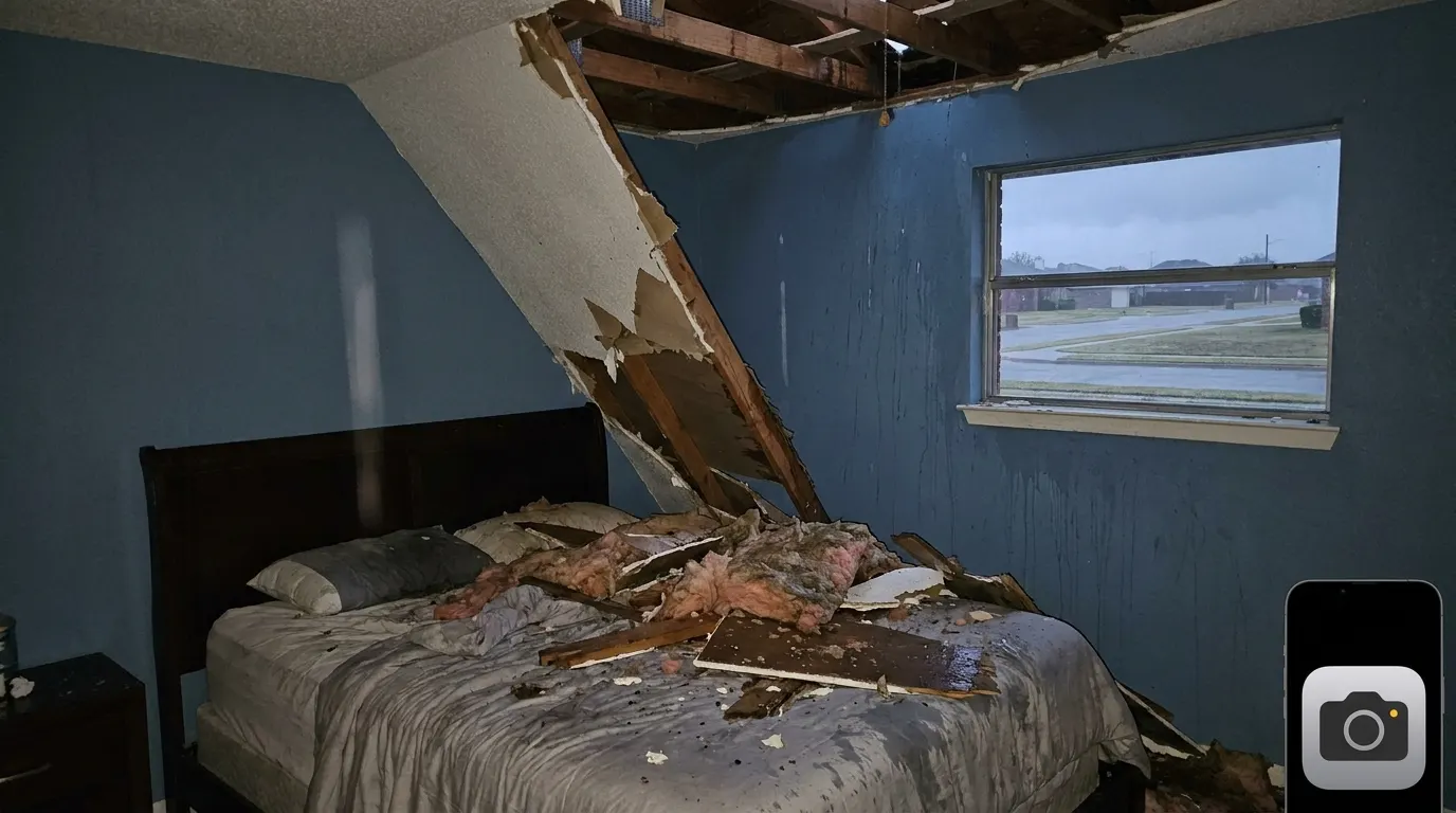 Bedroom with collapsed ceiling and storm debris before repair