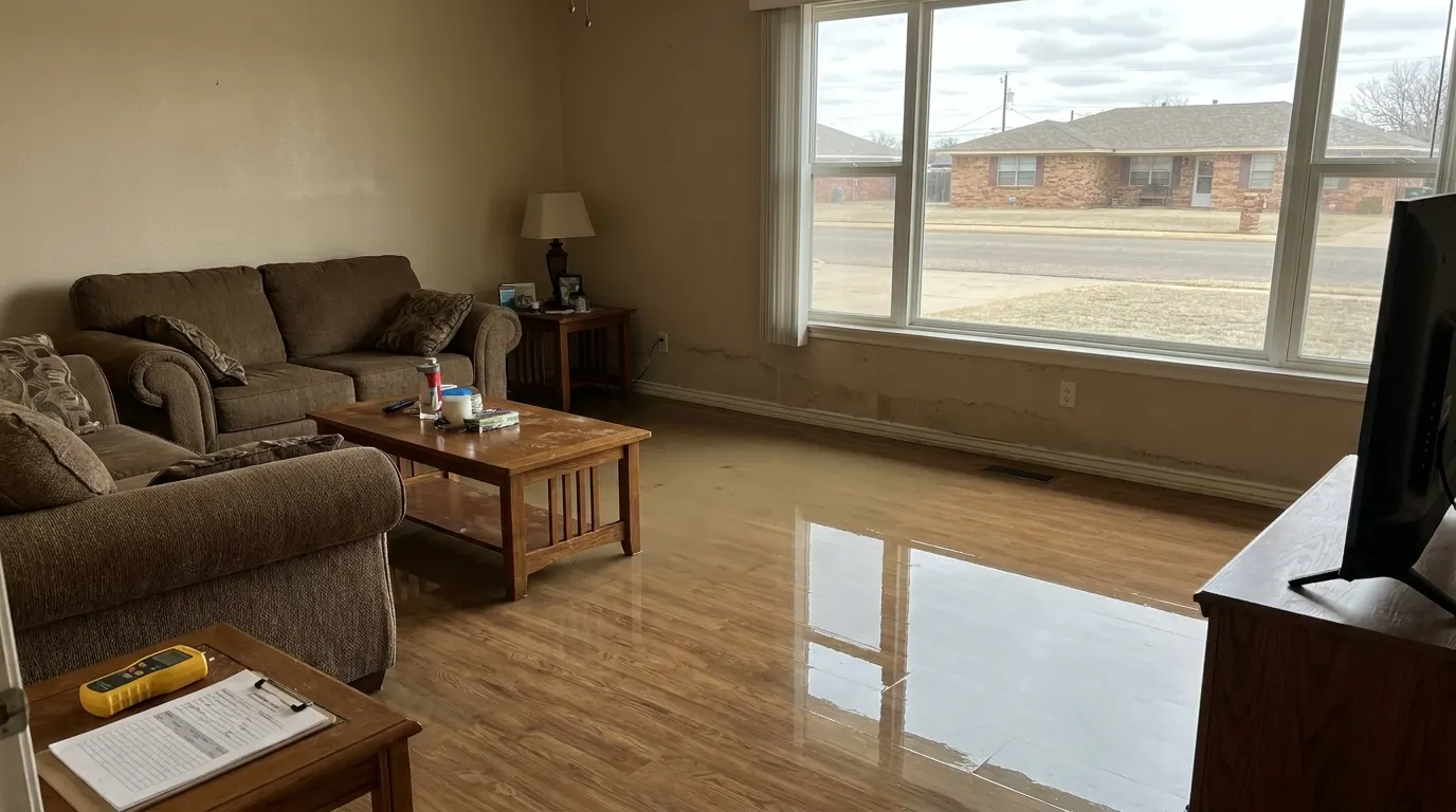 Flooded living room with standing water before restoration